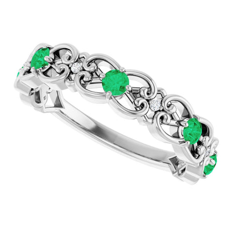 14K White Gold Natural Emerald & .02 CTW Natural Diamond Scroll Ring