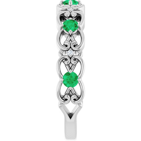 14K White Gold Natural Emerald & .02 CTW Natural Diamond Scroll Ring