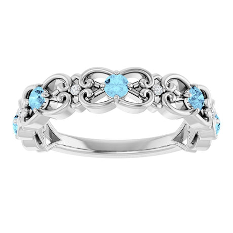 14K White Gold Natural Aquamarine & .02 CTW Natural Diamond Scroll Ring