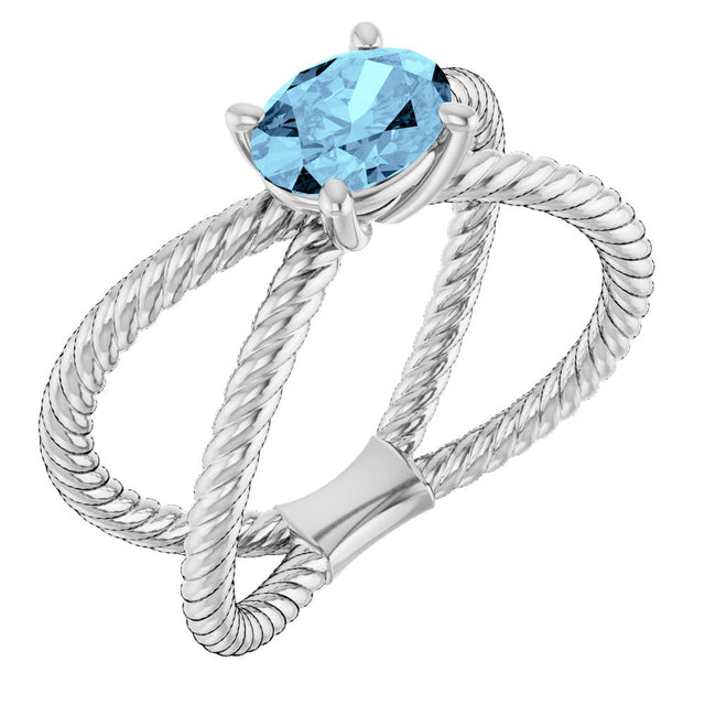 14K White Natural Aquamarine Rope Ring