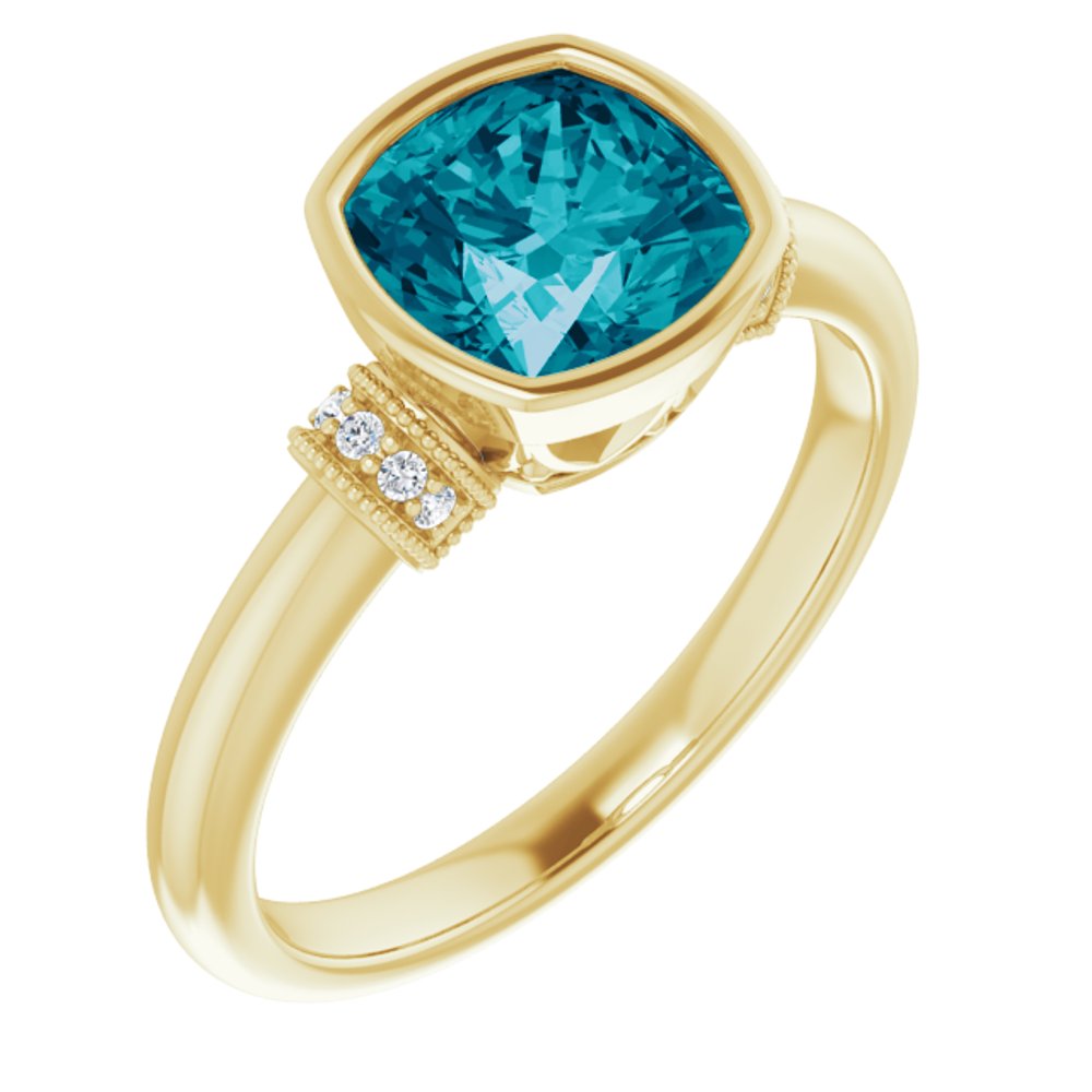 14K Yellow Natural Checkerboard London Blue Topaz & .04 CTW Natural Diamond Ring  