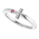 Sterling Silver Youth Imitation Pink Tourmaline Sideways Cross Ring