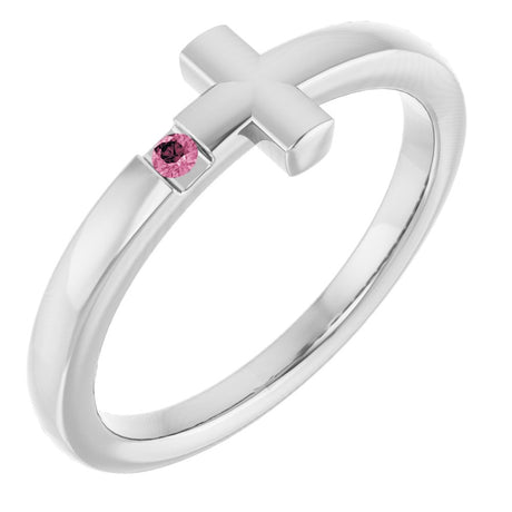 Sterling Silver Youth Imitation Pink Tourmaline Sideways Cross Ring  