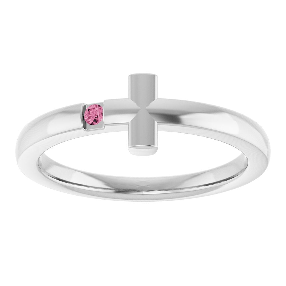 Sterling Silver Youth Imitation Pink Tourmaline Sideways Cross Ring