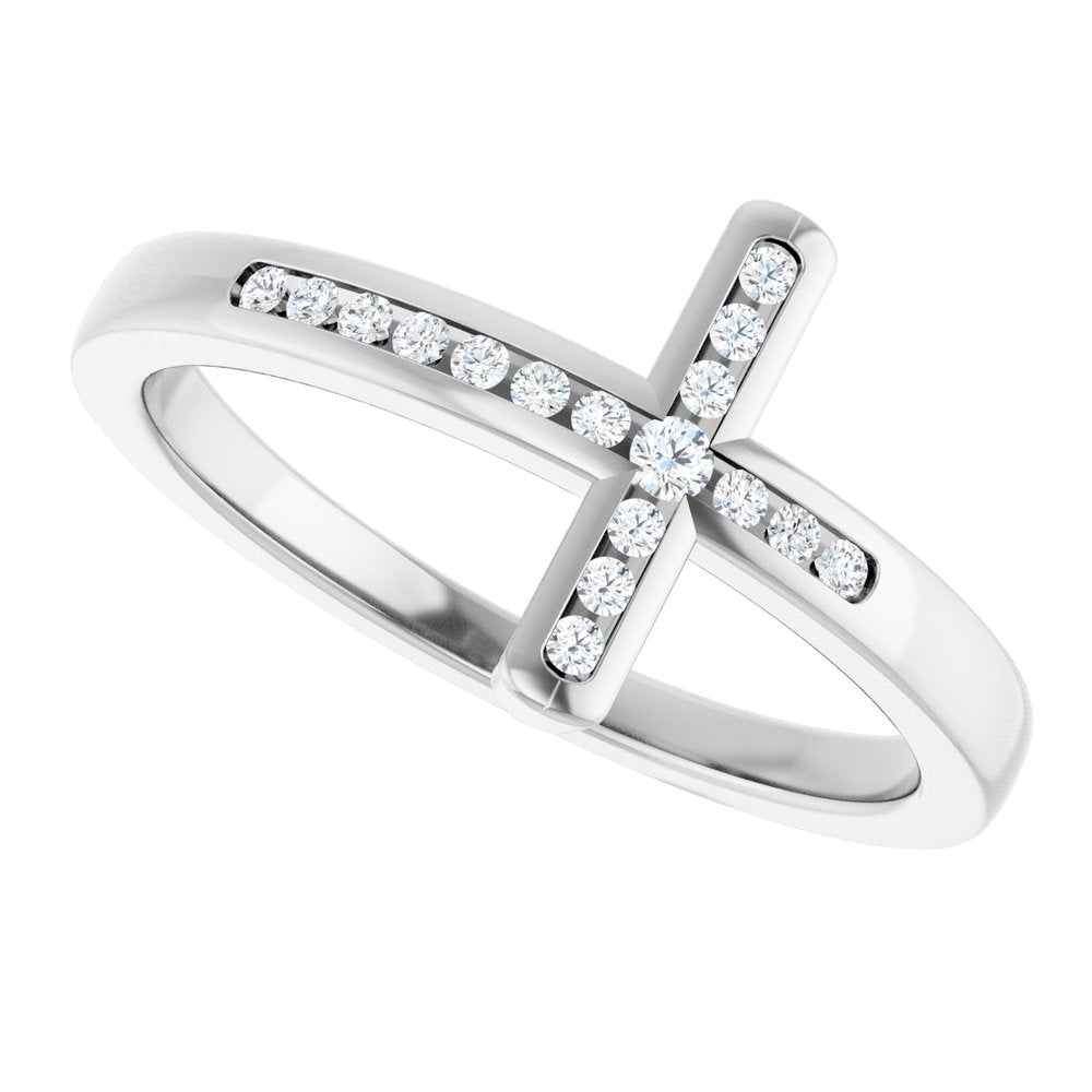 14K White 1/10 CTW Natural Diamond Sideways Cross Ring