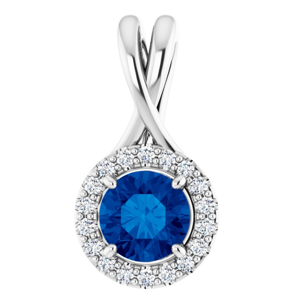 14K White Natural Blue Sapphire & 1/10 CTW Natural Diamond Pendant