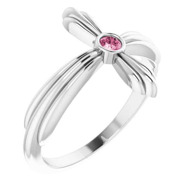 Sterling Silver Natural Pink Tourmaline Sideways Cross Ring