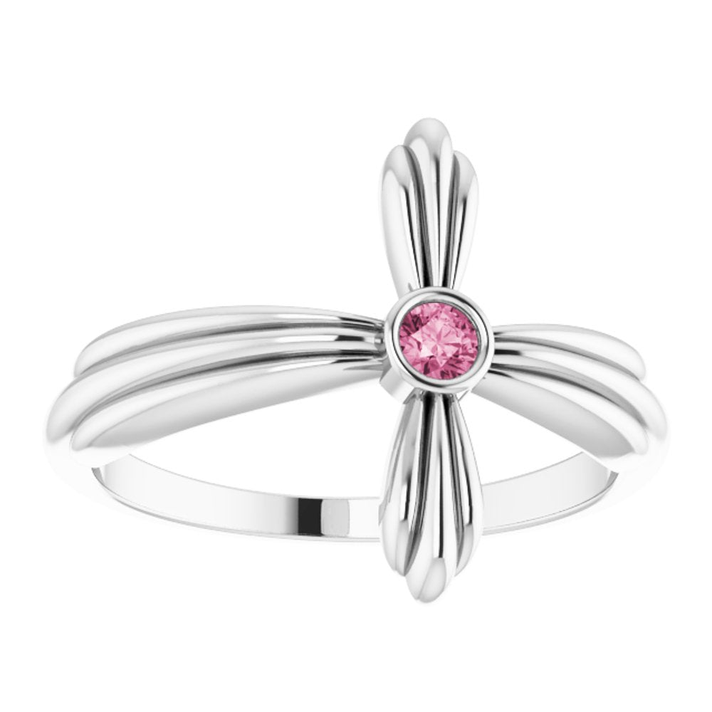 Sterling Silver Natural Pink Tourmaline Sideways Cross Ring