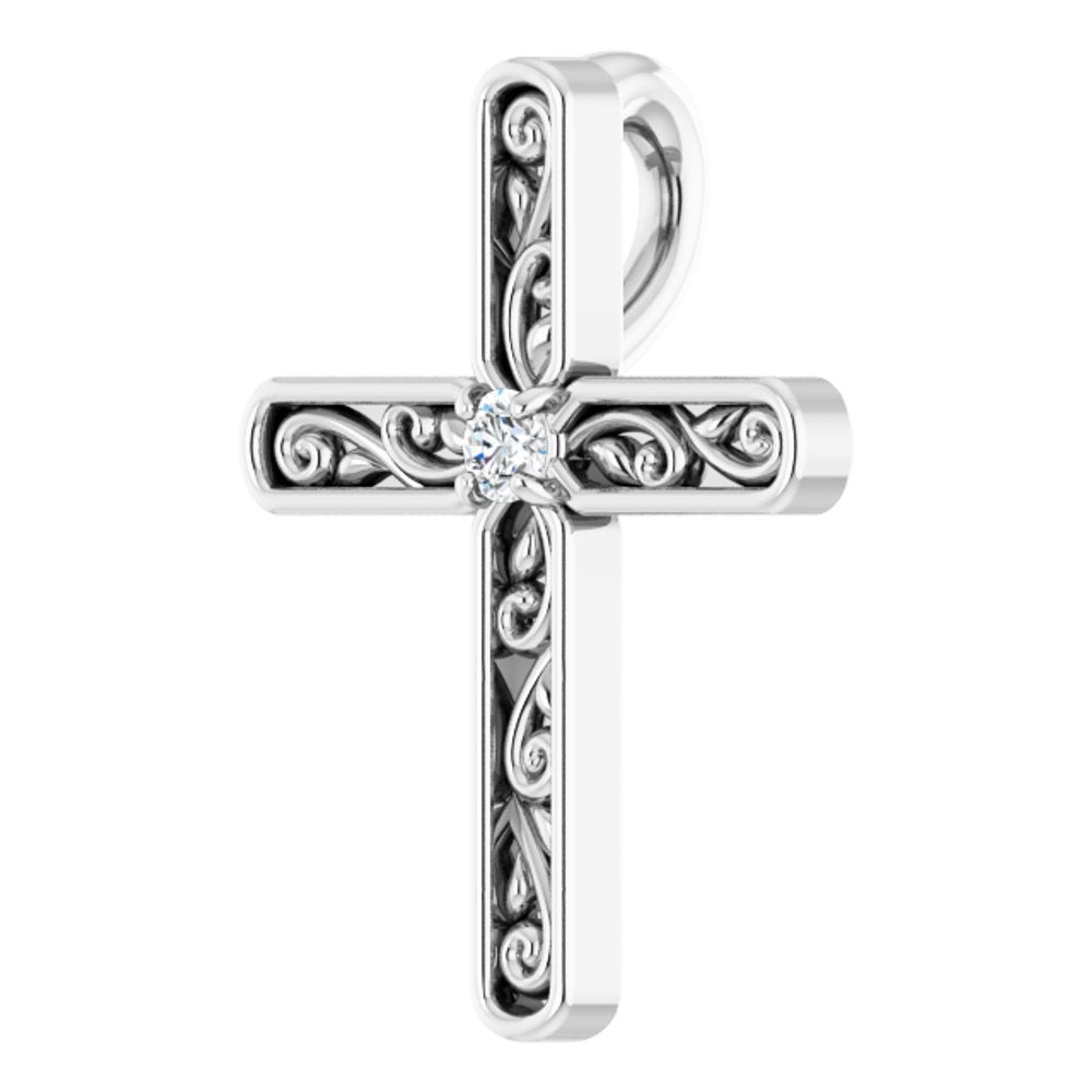 14K White Gold .03 CT Natural Diamond Cross Pendant 
