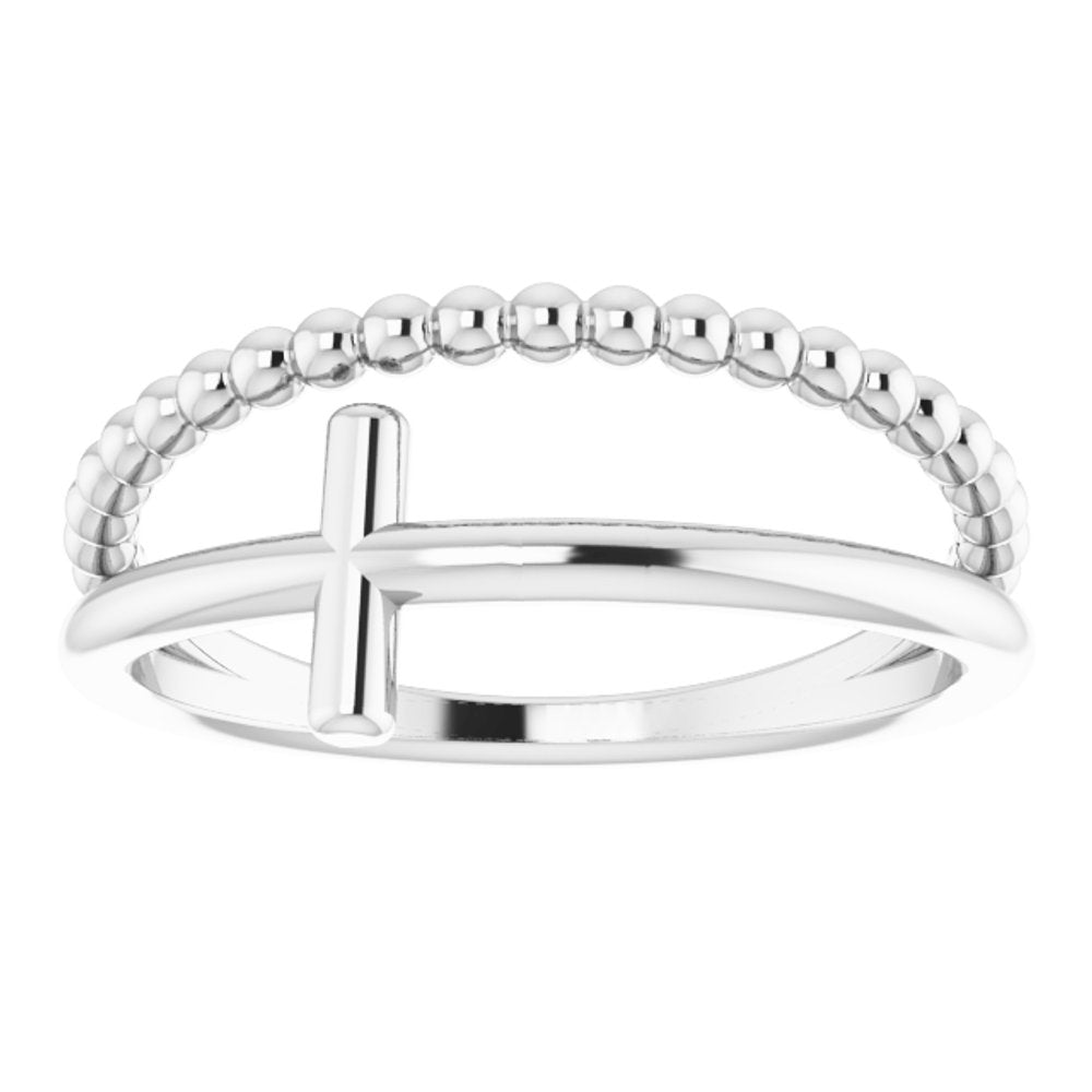 14K White Negative Space & Beaded Cross Ring