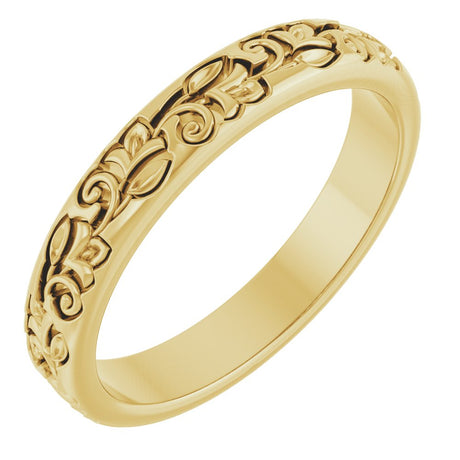 14K Yellow Gold 3 mm Floral Half Round Band Size 8