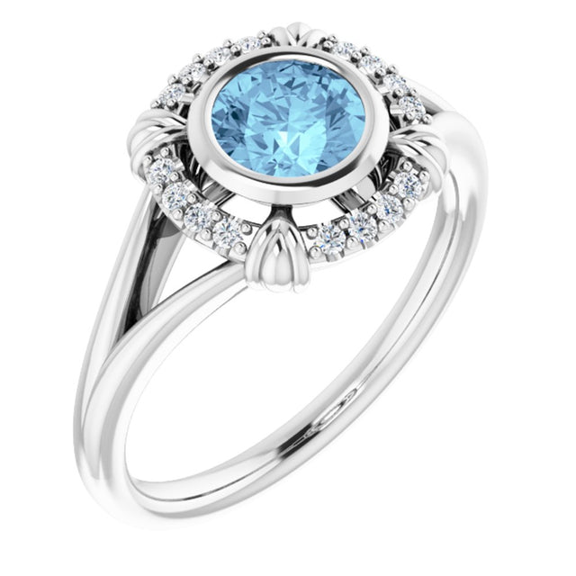 14K White Natural Aquamarine & .08 CTW Natural Diamond Ring 