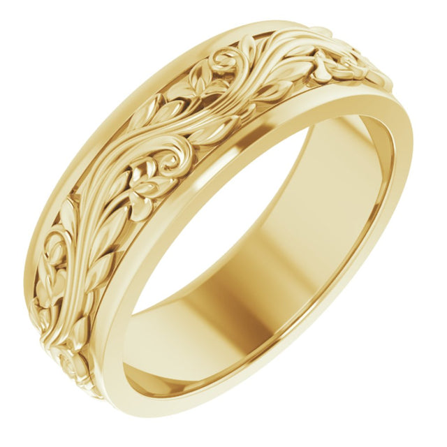 10K Yellow Gold 7 mm Floral Inlay Flat Band Size 10.5