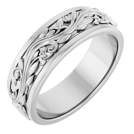 14K White Gold 7 mm Floral Inlay Flat Band Size 11