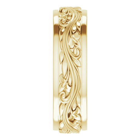 14K Yellow Gold 7 mm Floral Inlay Flat Band Size 12