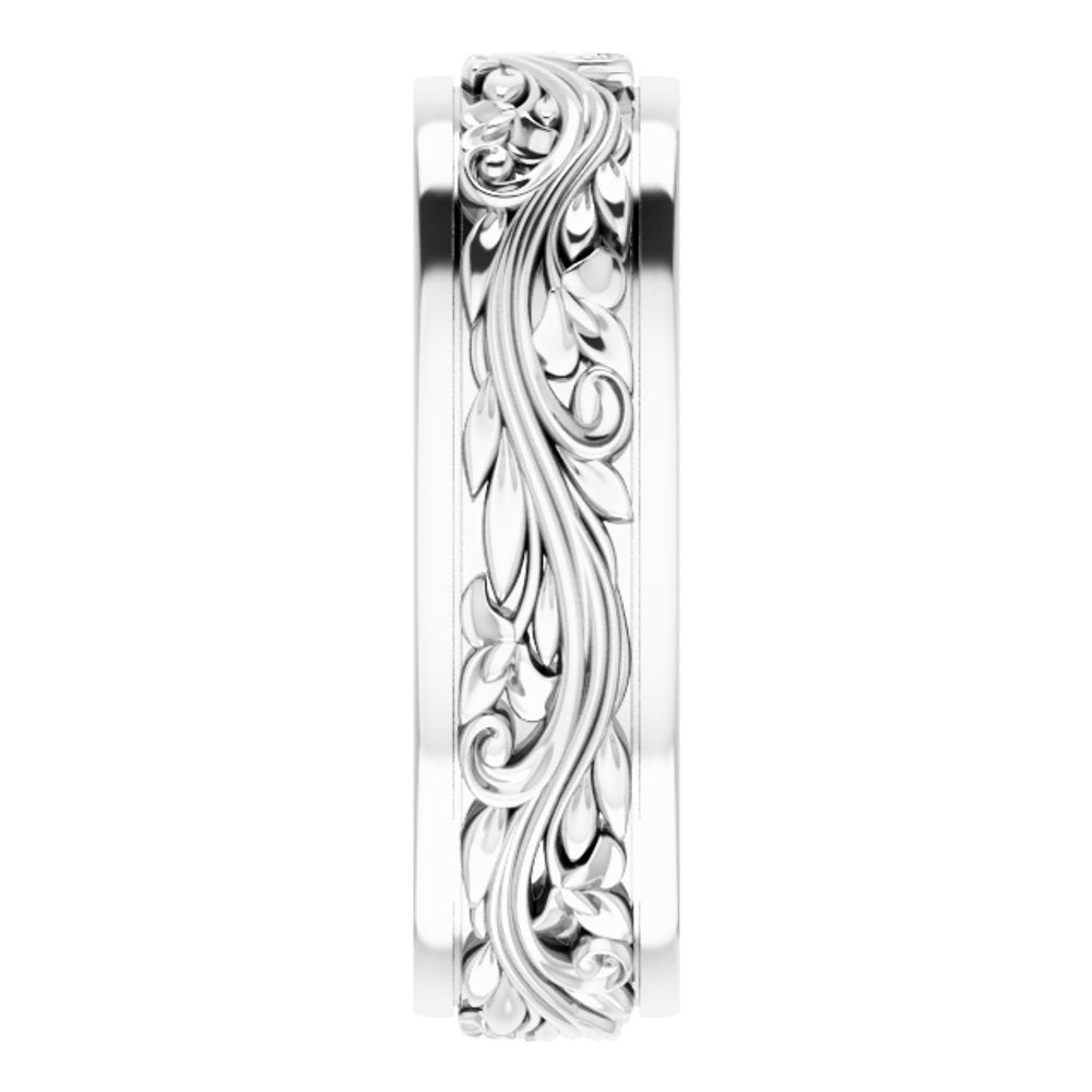 14K White Gold 7 mm Floral Inlay Flat Band Size 12
