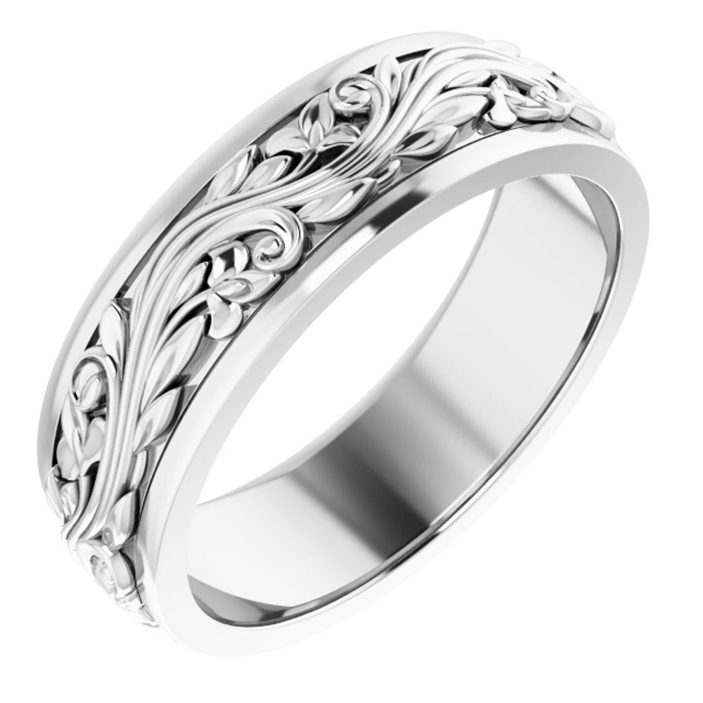 14K White Gold 7 mm Floral Inlay Flat Band Size 12