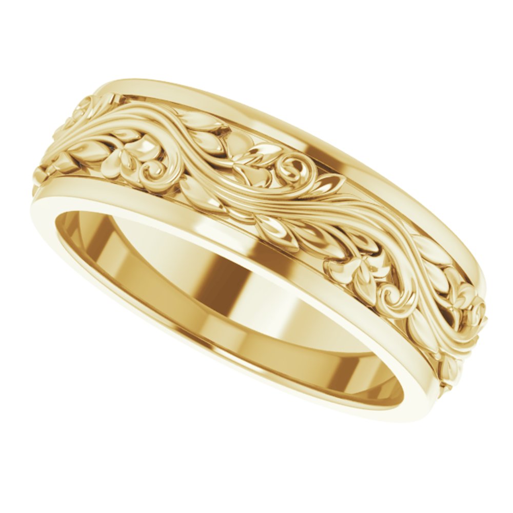 10K Yellow Gold 7 mm Floral Inlay Flat Band Size 10.5