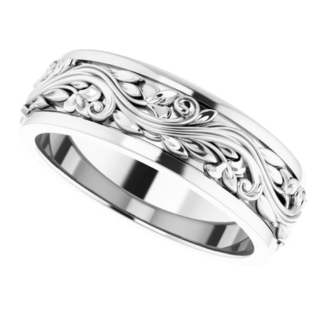 10K White Gold 7 mm Floral Inlay Flat Band Size 10.5
