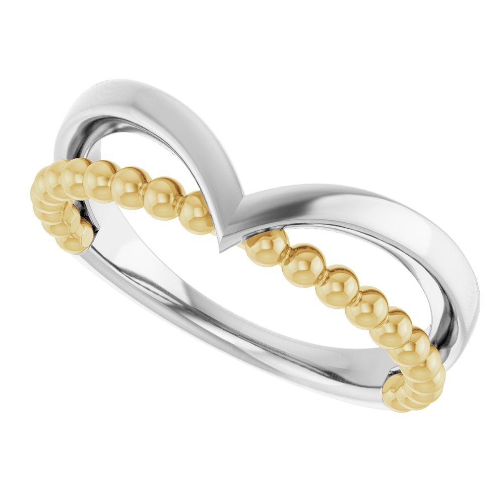 14K White & Yellow Negative Space Beaded V Ring