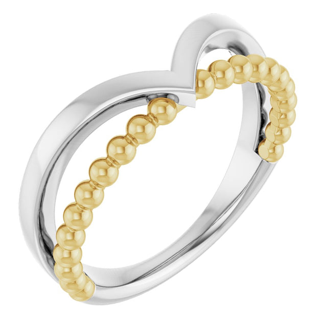 14K White & Yellow Negative Space Beaded V Ring 