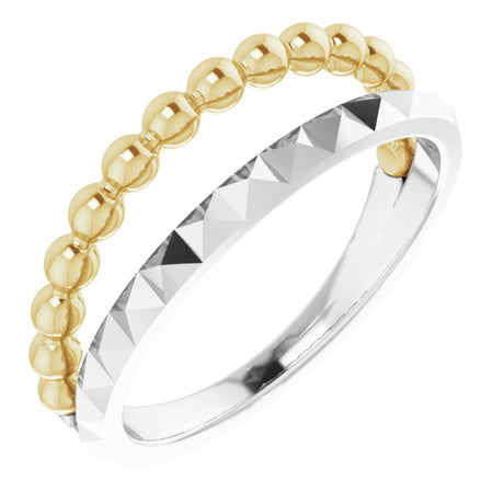 14K White/Yellow Beaded & Geometric Stacked Ring   