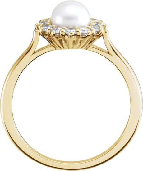 14K Yellow Gold Cultured White Freshwater Pearl & 3/8 CTW Natural Diamond Ring