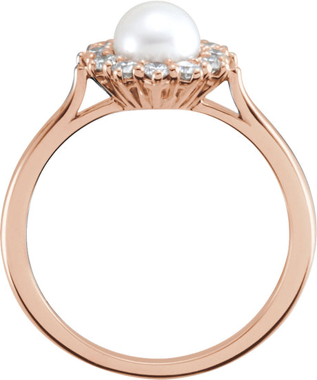 14K Rose Cultured White Freshwater Pearl & 3/8 CTW Natural Diamond Ring