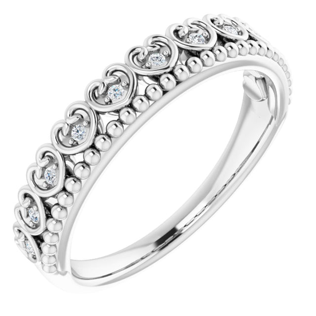 14K White .04 CTW Natural Diamond Stackable Beaded Heart Ring