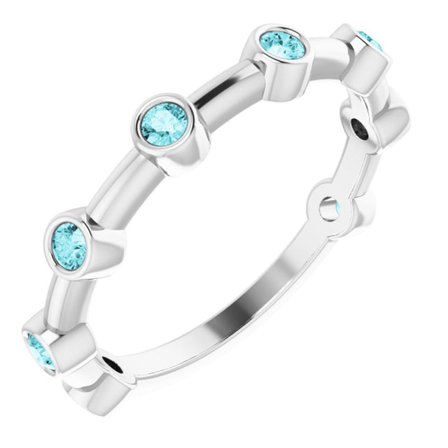 14K White Gold Natural Blue Zircon Bezel-Set Bar Ring