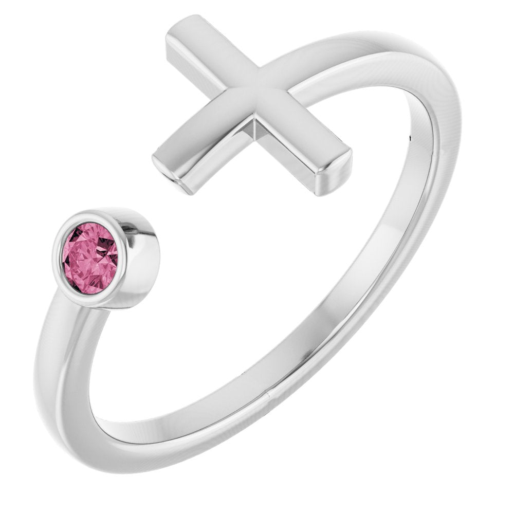 14K White Natural Pink Tourmaline Negative Space Cross Ring