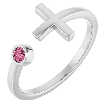 14K White Natural Pink Tourmaline Negative Space Cross Ring