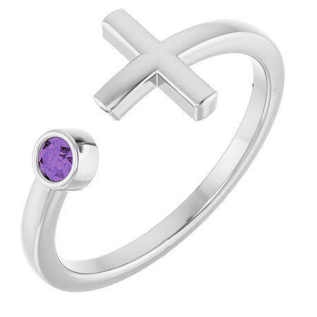 Sterling Silver Natural Amethyst Negative Space Cross Ring