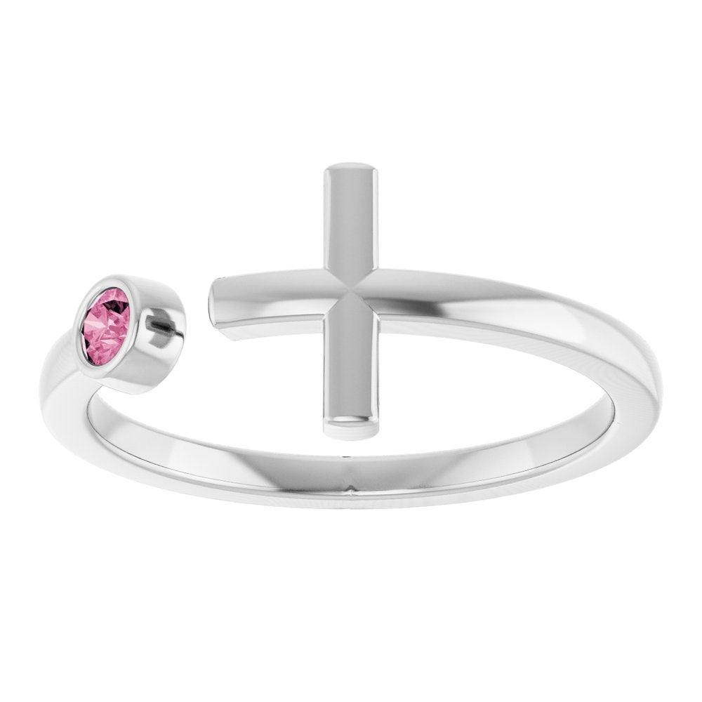 14K White Gold Natural Pink Tourmaline Negative Space Cross Ring