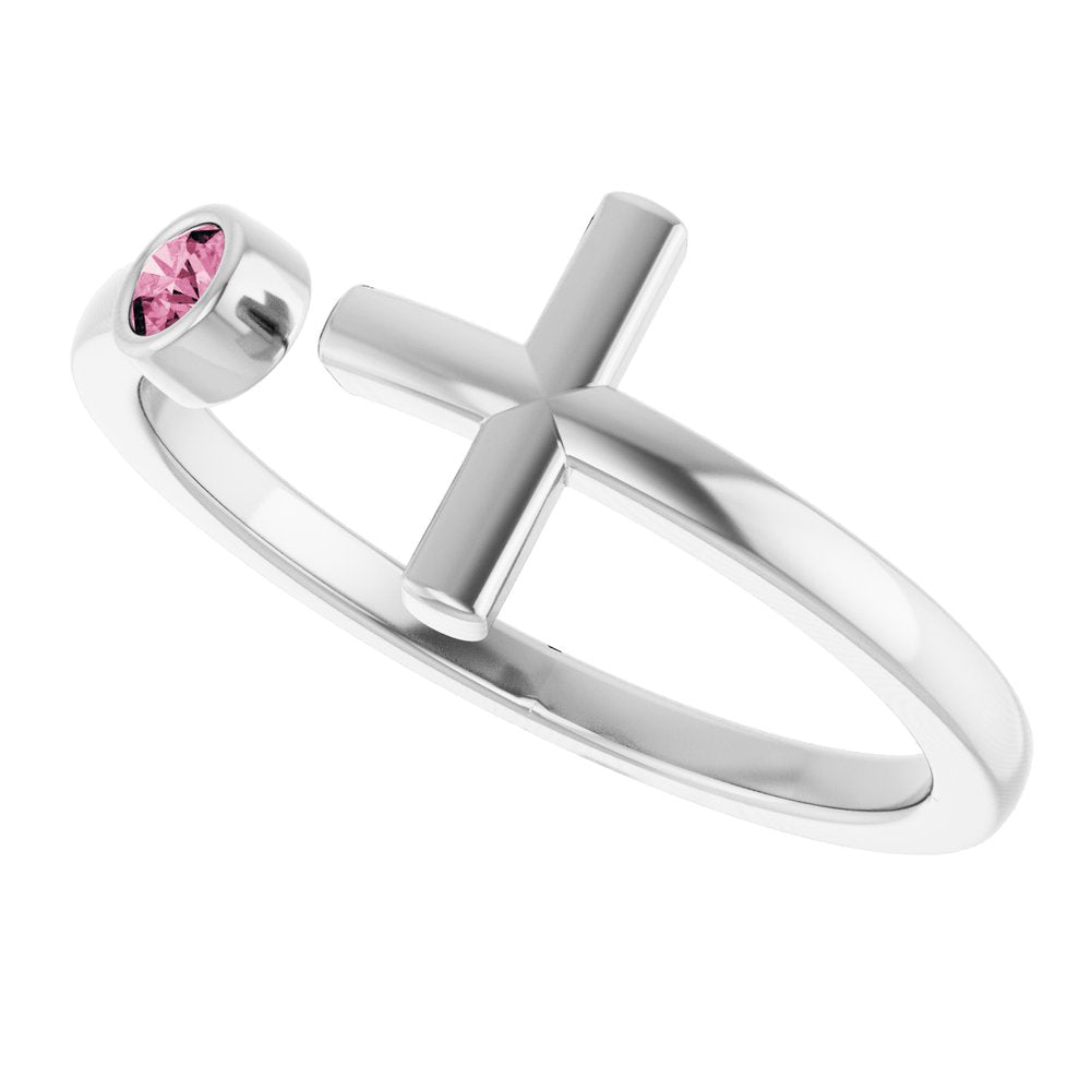 14K White Natural Pink Tourmaline Negative Space Cross Ring