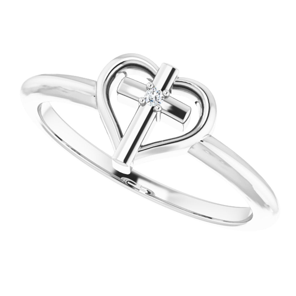 Sterling Silver .01 CT Natural Diamond Cross & Heart Ring