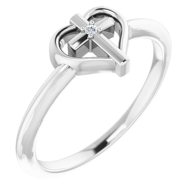Sterling Silver .01 CT Natural Diamond Cross & Heart Ring