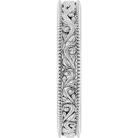 10K White Gold 3.2 mm Milgrain Edge Floral Flat Band Size 5