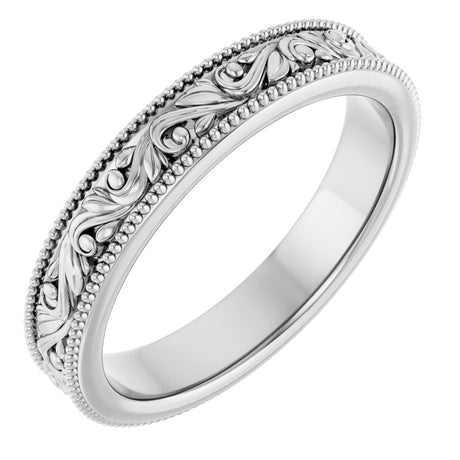 10K White Gold 3.2 mm Milgrain Edge Floral Flat Band Size 5