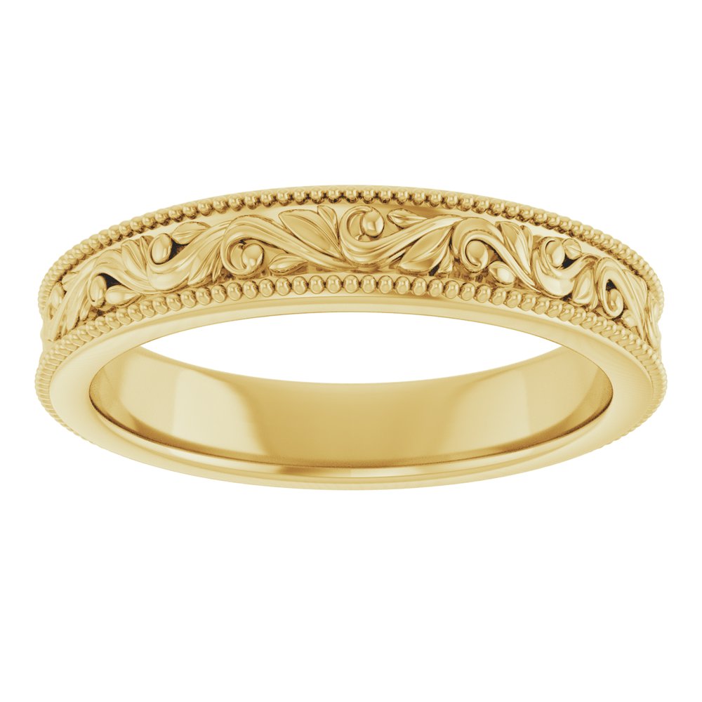 14K Yellow Gold 3.2 mm Milgrain Edge Floral Flat Band Size 4.5
