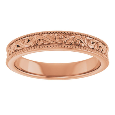 14K Rose Gold 3.2 mm Milgrain Edge Floral Flat Band Size 5.5