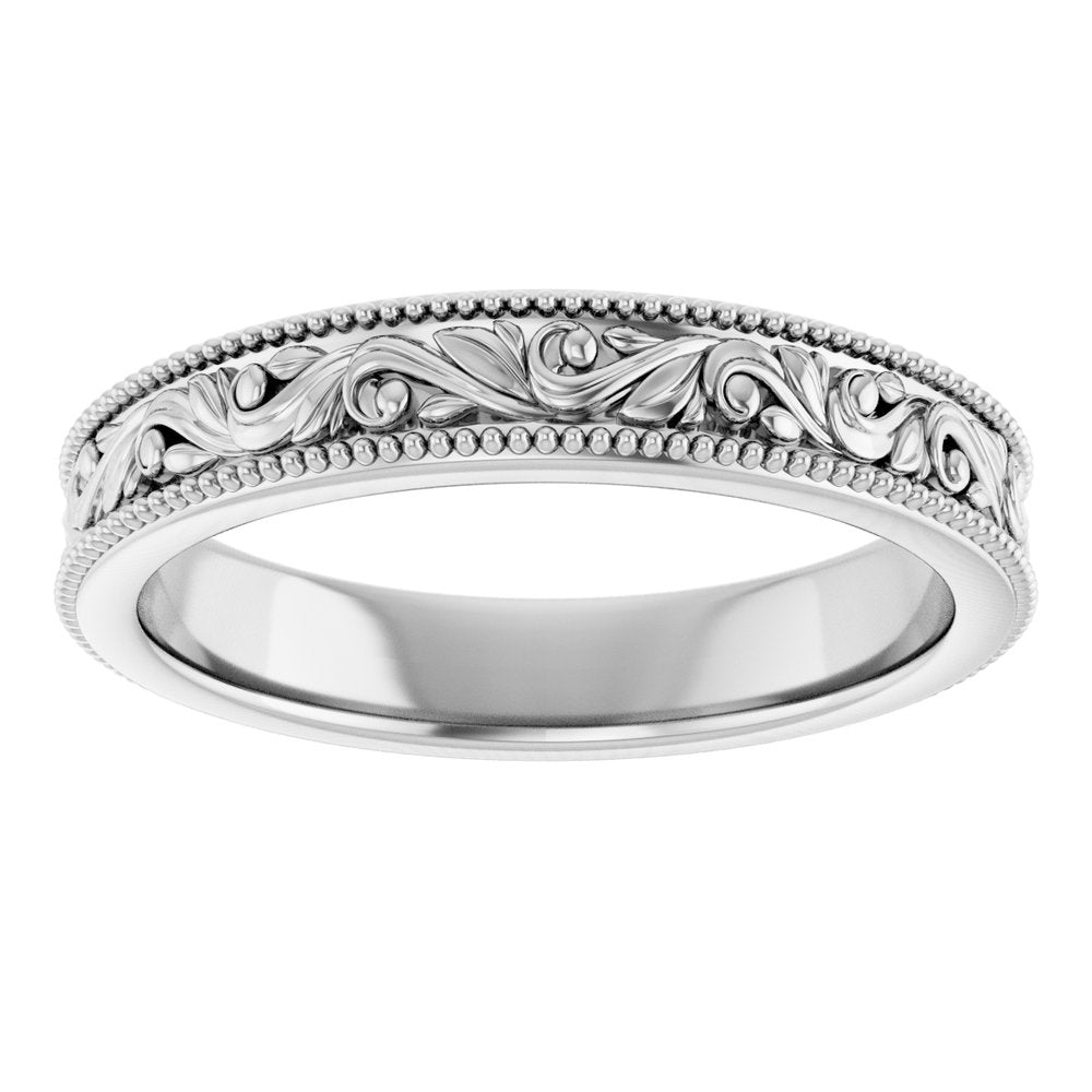 10K White Gold 3.2 mm Milgrain Edge Floral Flat Band Size 5