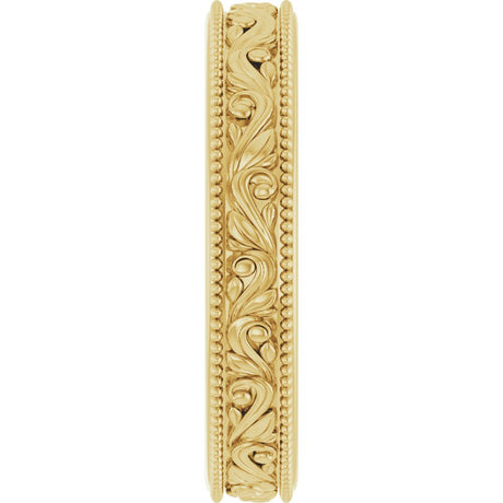 14K Yellow Gold 3.2 mm Milgrain Edge Floral Flat Band Size 4.5