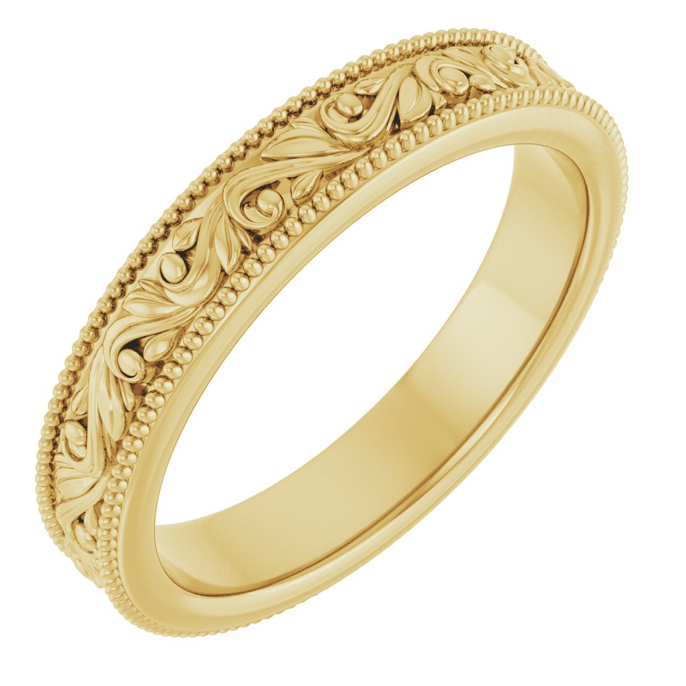 14K Yellow Gold 3.2 mm Milgrain Edge Floral Flat Band Size 4.5