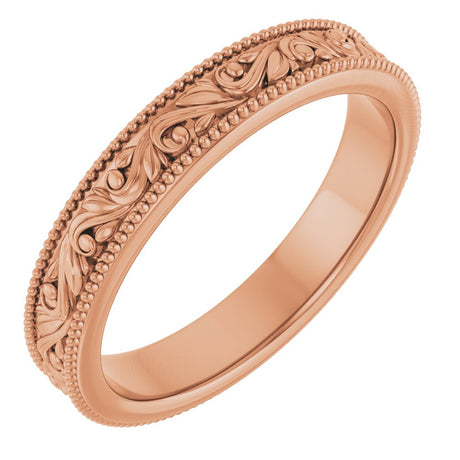 14K Rose Gold 3.2 mm Milgrain Edge Floral Flat Band Size 5.5