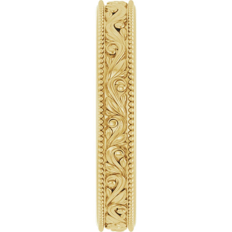 10K Yellow Gold 3.2 mm Milgrain Edge Floral Flat Band Size 6
