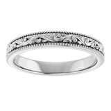18K White 3.2 mm Milgrain Edge Floral Flat Band Size 8