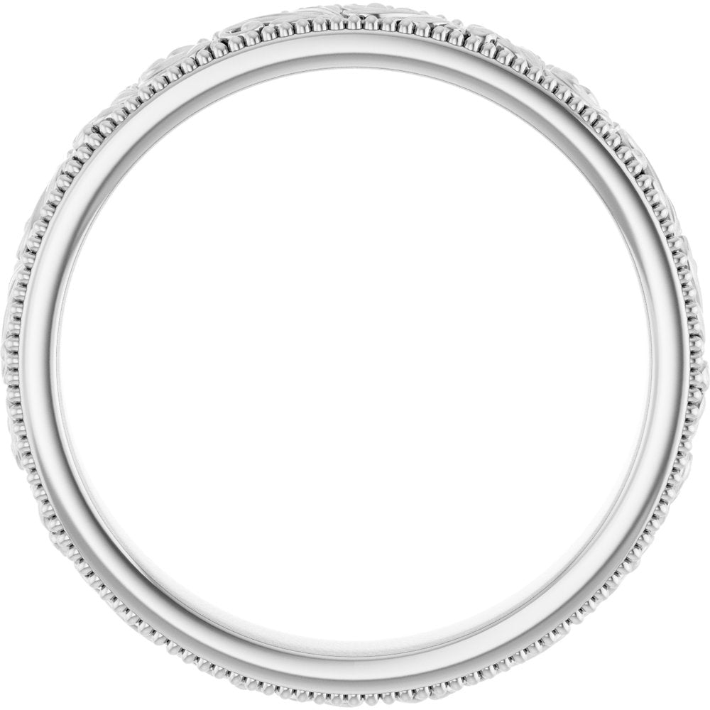 18K White 3.2 mm Milgrain Edge Floral Flat Band Size 8