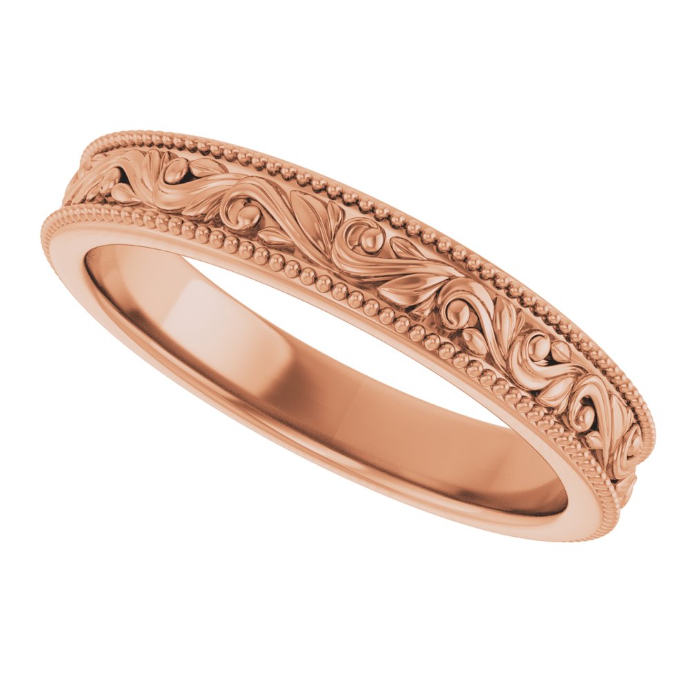 14K Rose Gold 3.2 mm Milgrain Edge Floral Flat Band Size 6