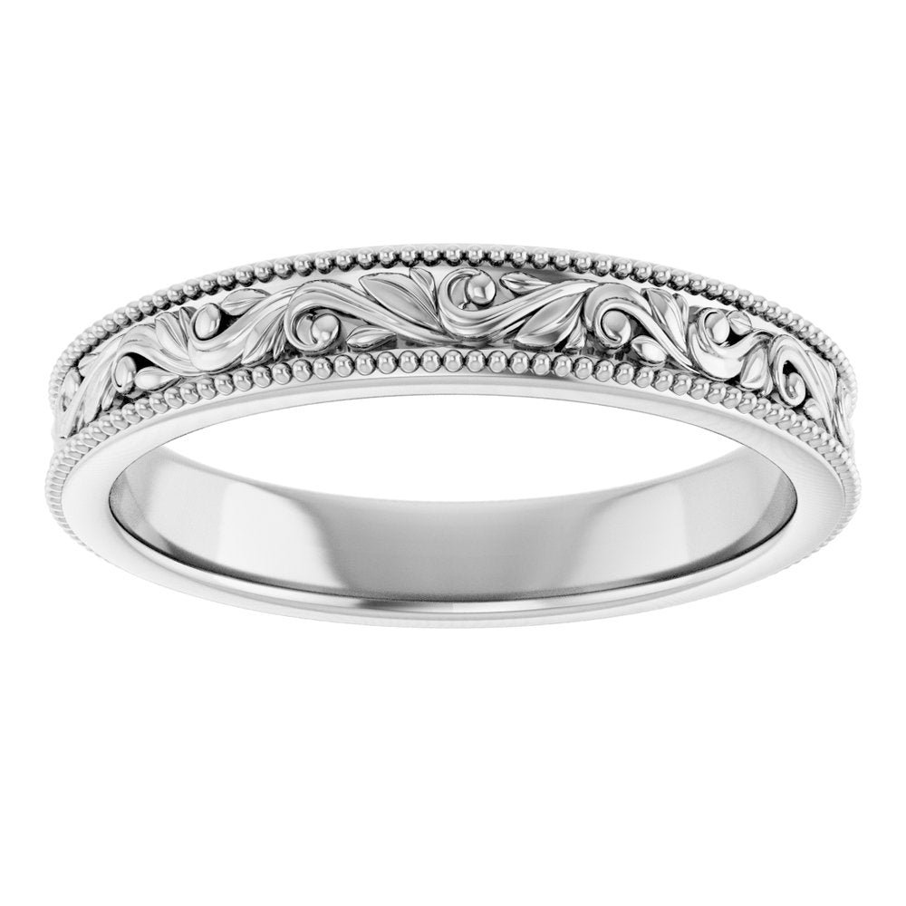 Sterling Silver 3.2 mm Milgrain Edge Floral Flat Band Size 6.5